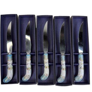 Prill Sheffield HPR9 Porcelain Handled Steak Knives Aqua Gold Scrolls Lot of 5